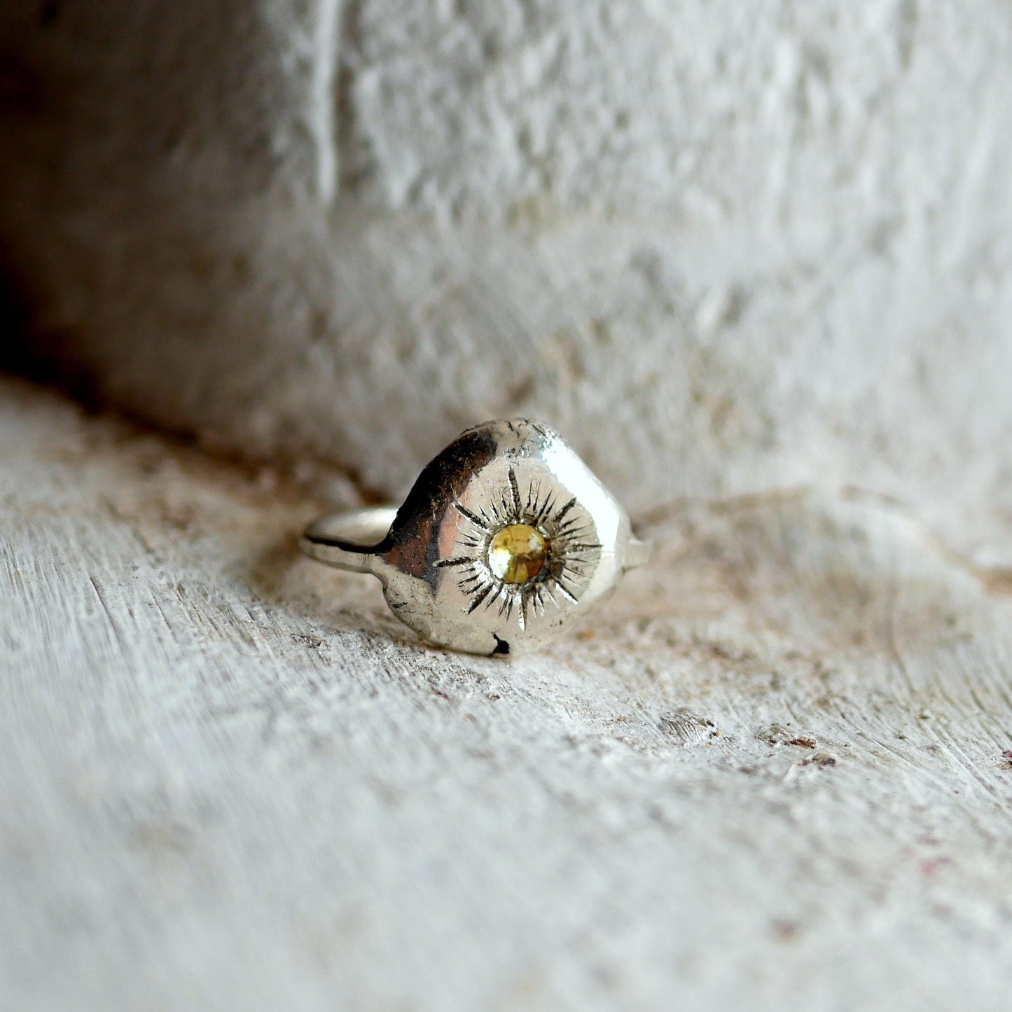 bague brut en Argent 925, Cristal de Roche & feuille d'Or Thalisman 