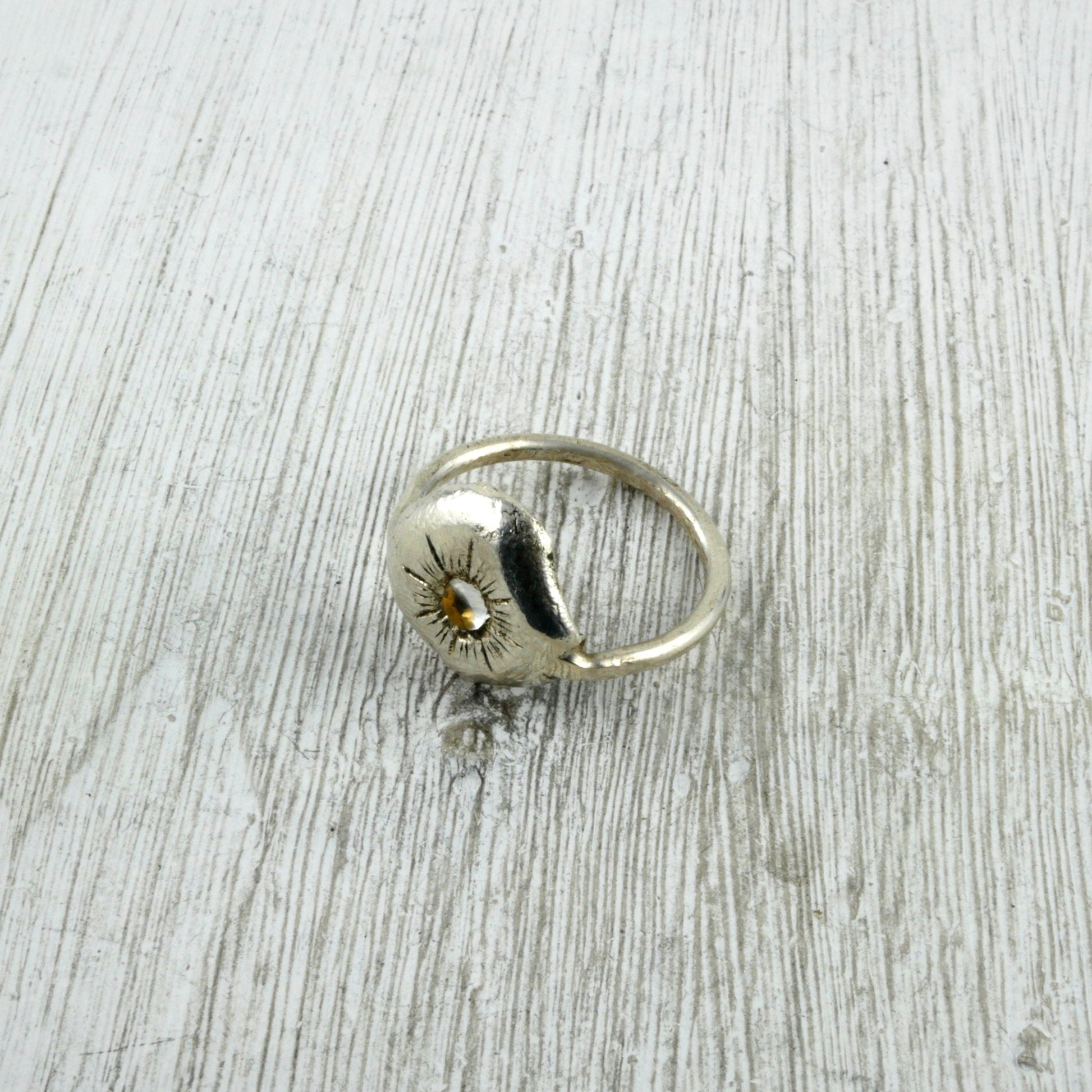 bague brut en Argent 925, Cristal de Roche & feuille d'Or Thalisman 