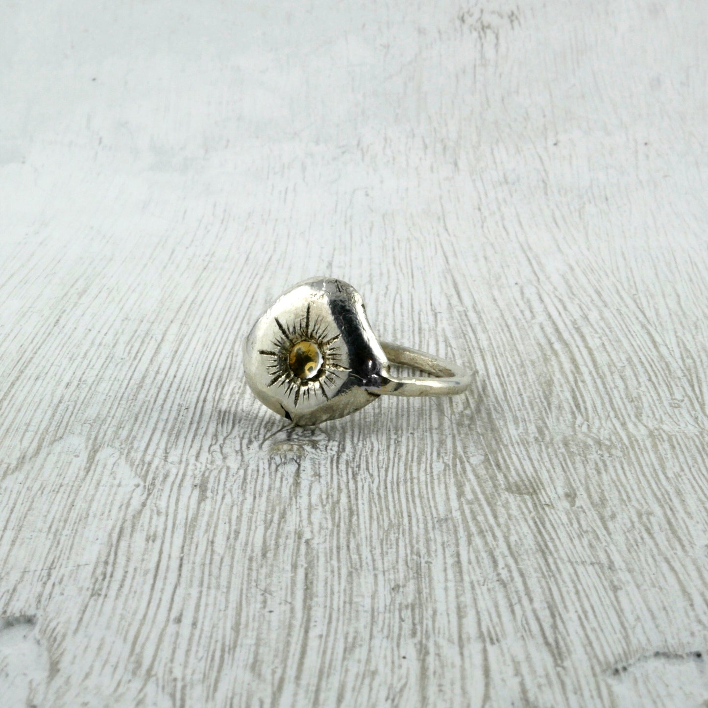 bague brut en Argent 925, Cristal de Roche & feuille d'Or Thalisman 