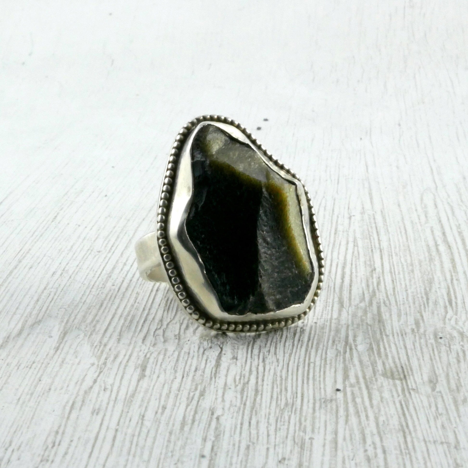 bague argent et obsidienne dorée brute