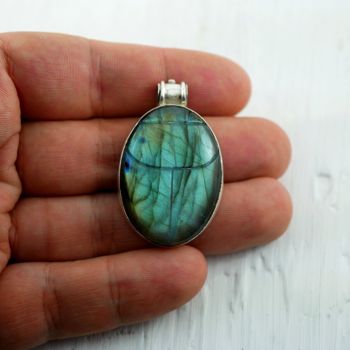 GRANDE AMULETTE KHEPRI - Pendentif Scarabée en Labradorite & Argent 925 Thalisman 