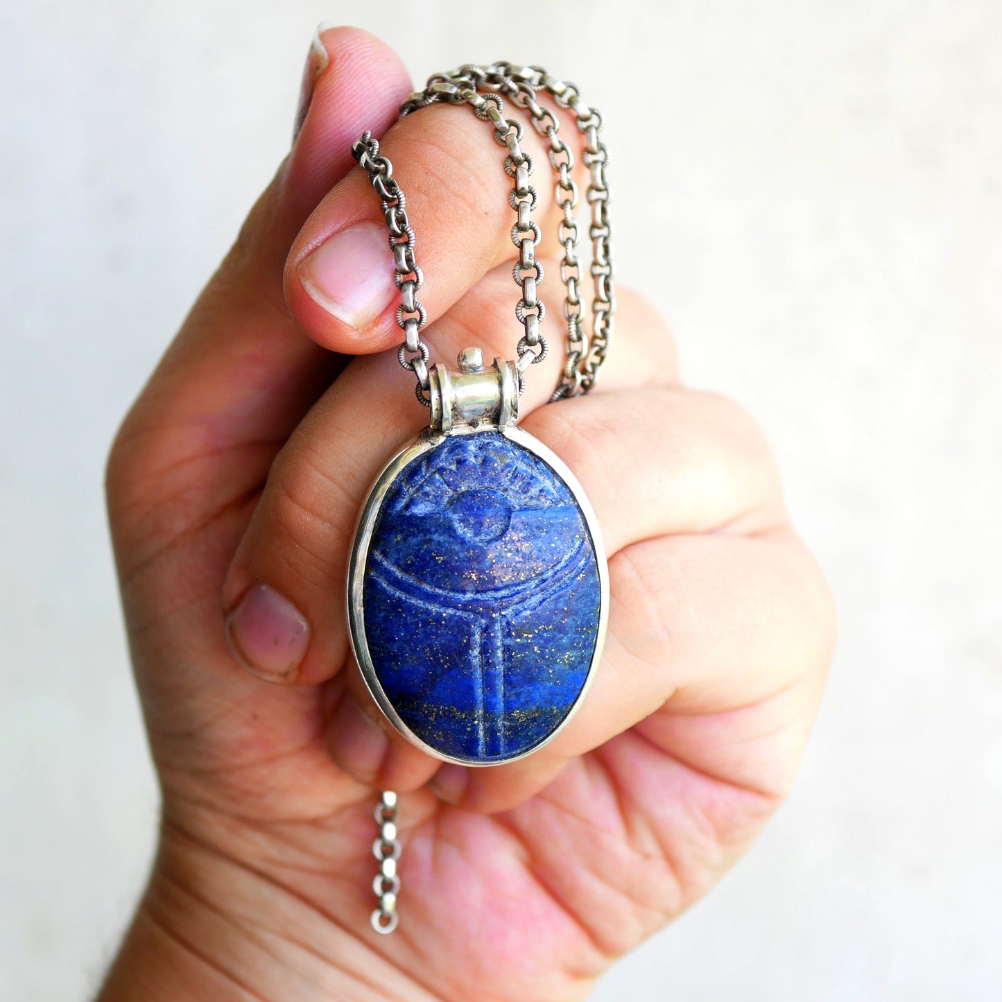 GRANDE AMULETTE KHEPRI - Pendentif Scarabée en Lapis Lazuli & Argent 925 Thalisman 